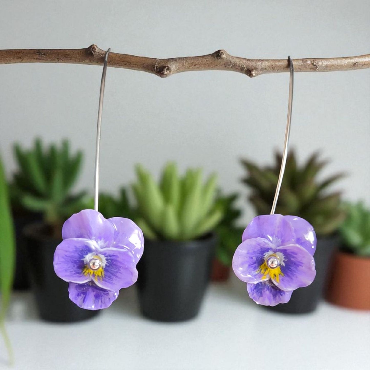 Purple Pansy Drop Earrings